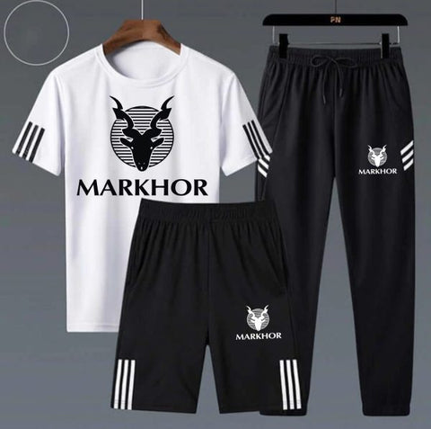Stripped Printed Markhor White Summer 3 In 1 Tracksuit